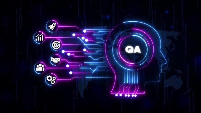 Q A Assurance Concept with Human Head and on Neon Circuit Board Background for Business Technology and Testing Themes