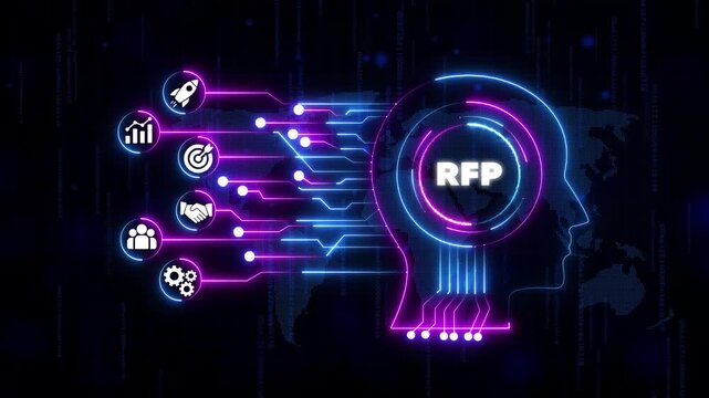 Request for Proposal R F P Concept with Neon Circuit Board and Business on Dark Background with Map business proposal