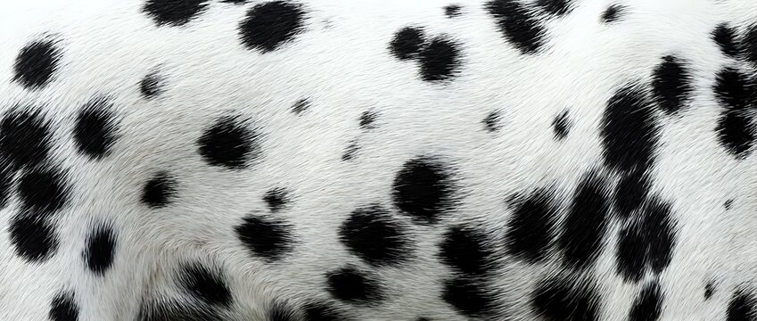 Close-up of black and white spotted dalmatian dog fur texture showing natural animal coat pattern for pet care and veterinary design projects.