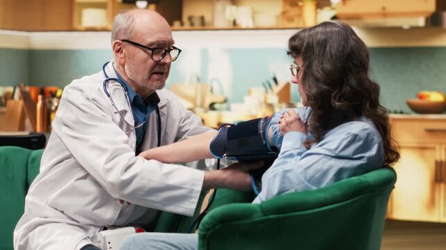 Physician using blood pressure device for in-home consultation with old woman, checking vital signs and pulse with electronic BP monitor. Assisted living and emotional support, checkup routine.
