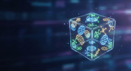 Fototapeta premium Neon cube digital cube technology artificial intelligence machine learning neural network data innovation future science neon cube digital cube technology artificial intelligence machine learning