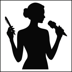 Woman Holding a Pen and Microphone, Bold Silhouette Concept Representing Journalism, Creativity & Freedom, Perfect for Editorial, Social Media, Print