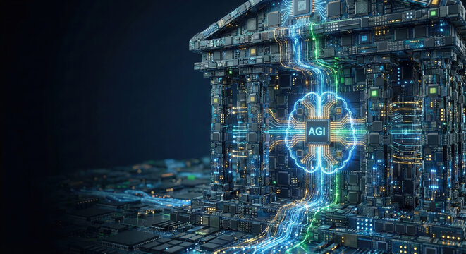 Artificial intelligence brain circuit temple, digital neural network architecture, agi chip glowing, futuristic server cityscape background, cyber data flow, sci fi concept illustration