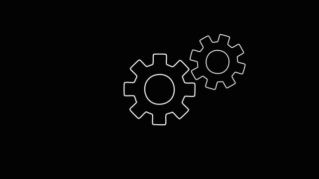 Gear interlocking cogs mechanism symbolizing teamwork and industrial concept in white outline on black background for business technology and engineering.