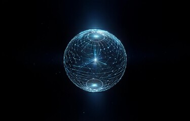 Naklejka premium A glowing sphere, composed of interconnected lines and dots, floats in the dark abyss.