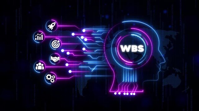 Work Breakdown Structure W B S Project Management Concept with Neon Circuitry and workflow