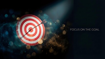 Fototapeta premium Red and white target with arrow hitting bullseye on dark background with bokeh lights and Focus on the Goal text for business success concepts.