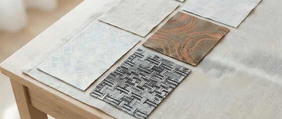 Interior design material samples including wood grain, geometric patterns and textured finishes displayed on neutral fabric for home renovation projects.