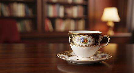 Fototapeta premium Exquisite Ornate Porcelain Teacup with Gilded Floral Patterns Resting on a Polished Wooden Desk in a Classic Library Setting, Evoking Timeless Elegance and Quiet Contemplation