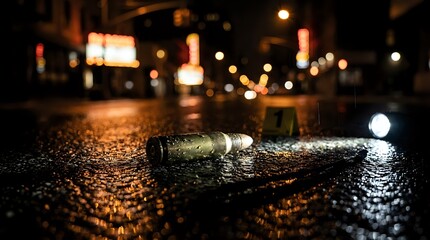 Empty glass bottle lying on wet asphalt street at night with blurred city lights and bokeh background creating moody urban atmosphere.