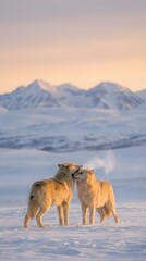 Two arctic wolves standing together in snowy mountain landscape during golden hour sunset with warm pink sky and majestic peaks in background.