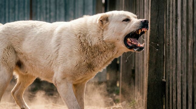 Aggressive white dog barking at a fence
