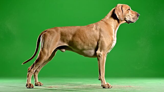 Animal in a relaxed standing or lying position on a flat professional studio floor with a bright chroma green screen background.