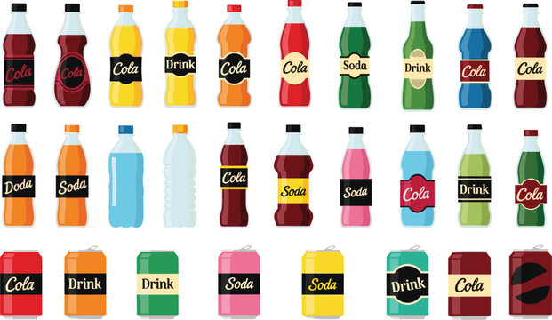 Collection of soda and drink bottles in various colors and designs vector illustration