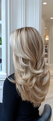 Fototapeta premium Layered blonde hair with highlights and lowlights showcasing voluminous styling and dimensional color technique in modern salon setting.