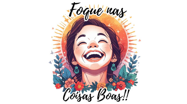 foque nas coisas boas - 1 Happy woman with positive vibes and motivational text in Portuguese