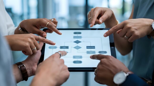 Business team analyzing data charts on tablet device during corporate meeting in modern office environment for strategic planning and decision making.