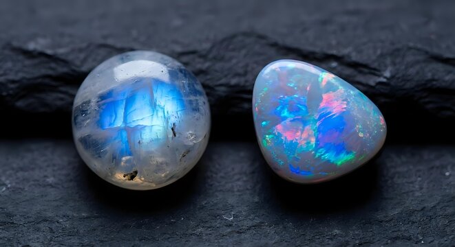 Two polished opal gemstones displaying vibrant blue and pink fire patterns on dark slate surface for jewelry making and mineral collection purposes.