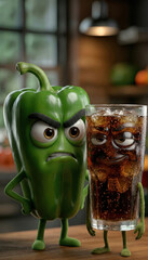 Anthropomorphic food characters in kitchen: angry green bell pepper with smug cola glass