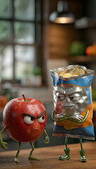 Anthropomorphic food characters in kitchen: angry apple with smug potato chips bag