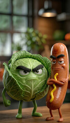 Anthropomorphic food characters in kitchen: angry cabbage with smug hot dog