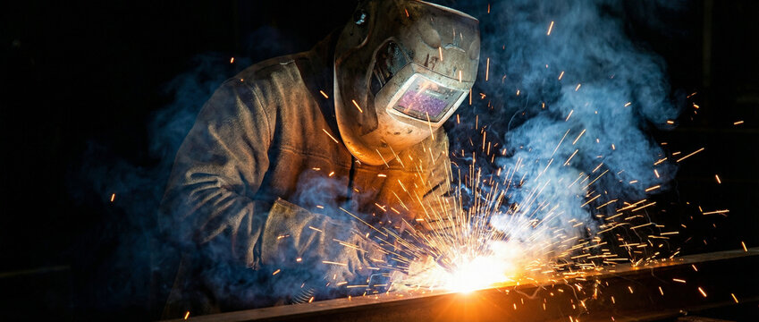 Industrial welder with protective helmet working on metal with bright flying sparks.