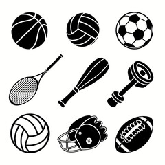 Black and white icons for sports: basketball, volleyball, soccer ball, tennis racket, baseball bat, puck, football helmet, rugby ball