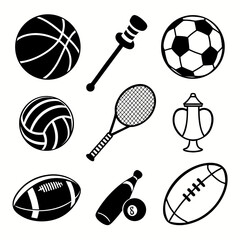 Sports equipment icons set: basketball, soccer ball, volleyball, tennis racket, trophy, baseball bat, american football, billiard ball, rugby ball, shuttlecock