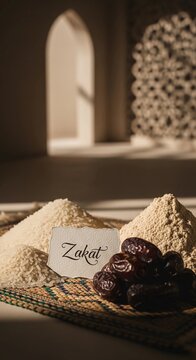 Zakat paper card with rice, flour, dates as required food items. Ramadan al-Fitr concept of zakat payment. Muslim charity and donation.