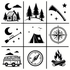 Compilation of icons representing outdoor living and travel, including a house, trees, rifle, tent, caravan, campfire, and compass.