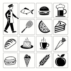 Collection of diverse food and drink icons, featuring a chef, fish, burger, beer, whisk, fruit slices, cake, bread, coffee, and carrot.