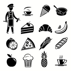 Set of food and beverage icons including a chef, bowl, ice cream cone, cake, croissant, banana, pizza, corn, bread, cupcake, pineapple, and coffee.