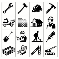 Construction Icon Collection: Tools, Builders, Vehicles, Houses, and Equipment on White Background