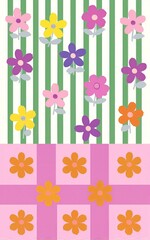 Colorful flowers on striped and checkered backgrounds, cheerful and vibrant design.