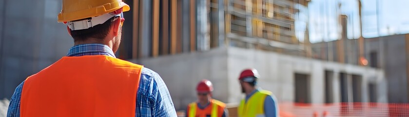 A construction worker in a safety vest observes the building site, overseeing operations and ensuring safety measures are in place for workers amidst ongoing construction.