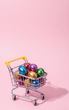 Mini shopping cart filled with colorful chocolate eggs on pink background.