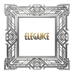 Highly reflective platinum and chrome art deco ornamental frame with geometric ziggurat patterns on a matte black background, enclosing white copy space. Concept for vintage luxury graphic design