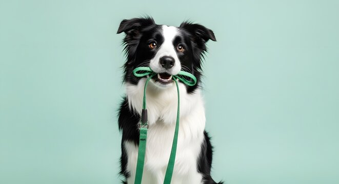 Border Collie dog holding a green leash in its mouth ready for a walk.