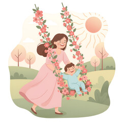 A woman in a pink dress is swinging a baby in a floral swing in a sunny meadow