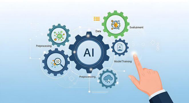 AI process flow with gears, hand touching screen