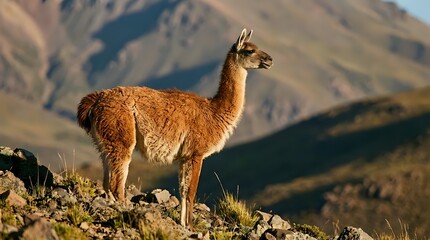 Fototapeta premium Brown llama standing on rocky mountain terrain with dramatic Andean landscape background during golden hour lighting for wildlife photography.
