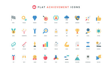 Business achievement success, progress in challenge and growth strategy, money and earnings of employee color icon set. Ability and solution, skills to achieve goal flat elements vector illustration