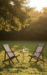 Fototapeta premium Sunset garden scene: two striped chairs, small table, bottle and fruit. Serene outdoor relaxation moment.