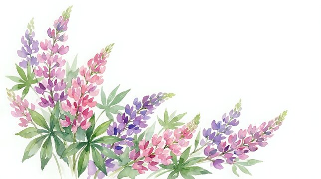 Watercolor lupine flowers in purple and pink shades with green leaves on white background for spring botanical designs and floral decorations.