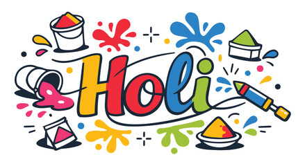 Fototapeta premium Vibrant festive typography for holi event features bright yellow and blue lettering. Artwork includes messy paint buckets with splatter effects and traditional water gun elements for spring holiday