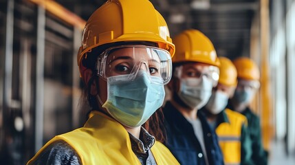 Dedicated workers wearing helmets and masks in a safe industrial environment.