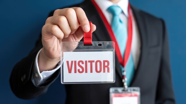 Professional business person displaying a clear identification badge clearly marked with the word visitor on a red lanyard strap.