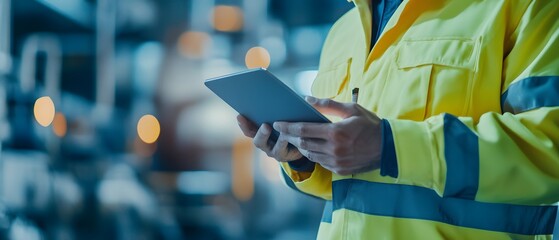 Worker in safety gear using tablet in a modern industrial environment.