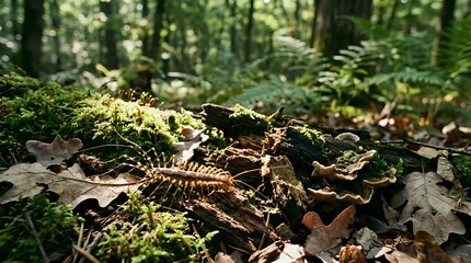Fototapeta premium Forest floor covered with fallen autumn leaves, moss and ferns in dappled sunlight. Natural woodland ground texture for environmental designs.