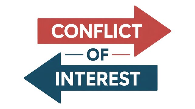 Concept visualization of conflict of interest represented by opposing directional arrows in red and blue colors on white background